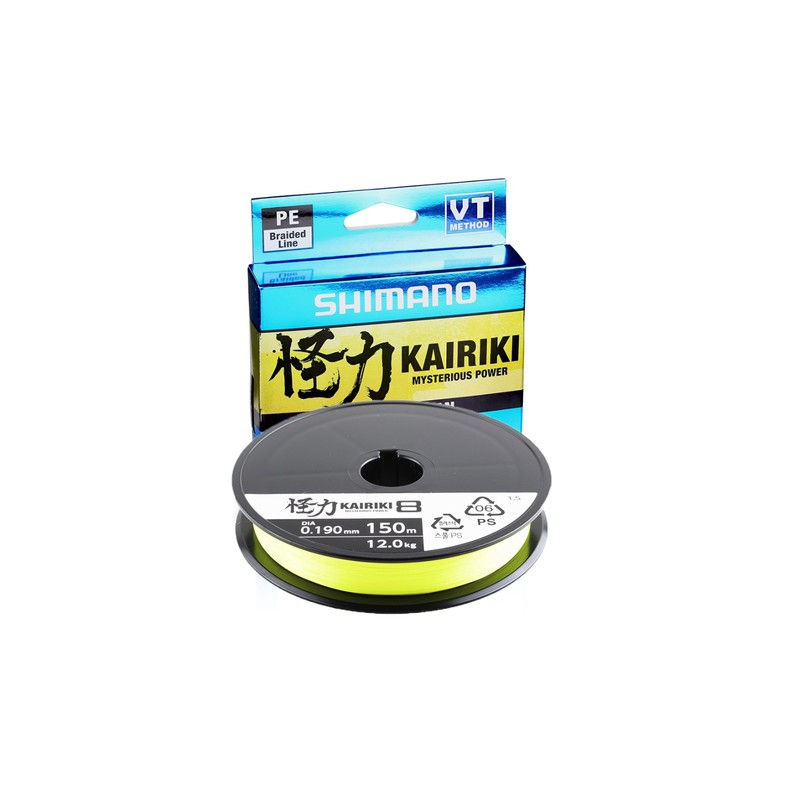 Tresse Shimano Kairiki 8 – 150m, 0.06mm à 0.20mm, Jaune Fluo – Fabrication Japon (neuf)